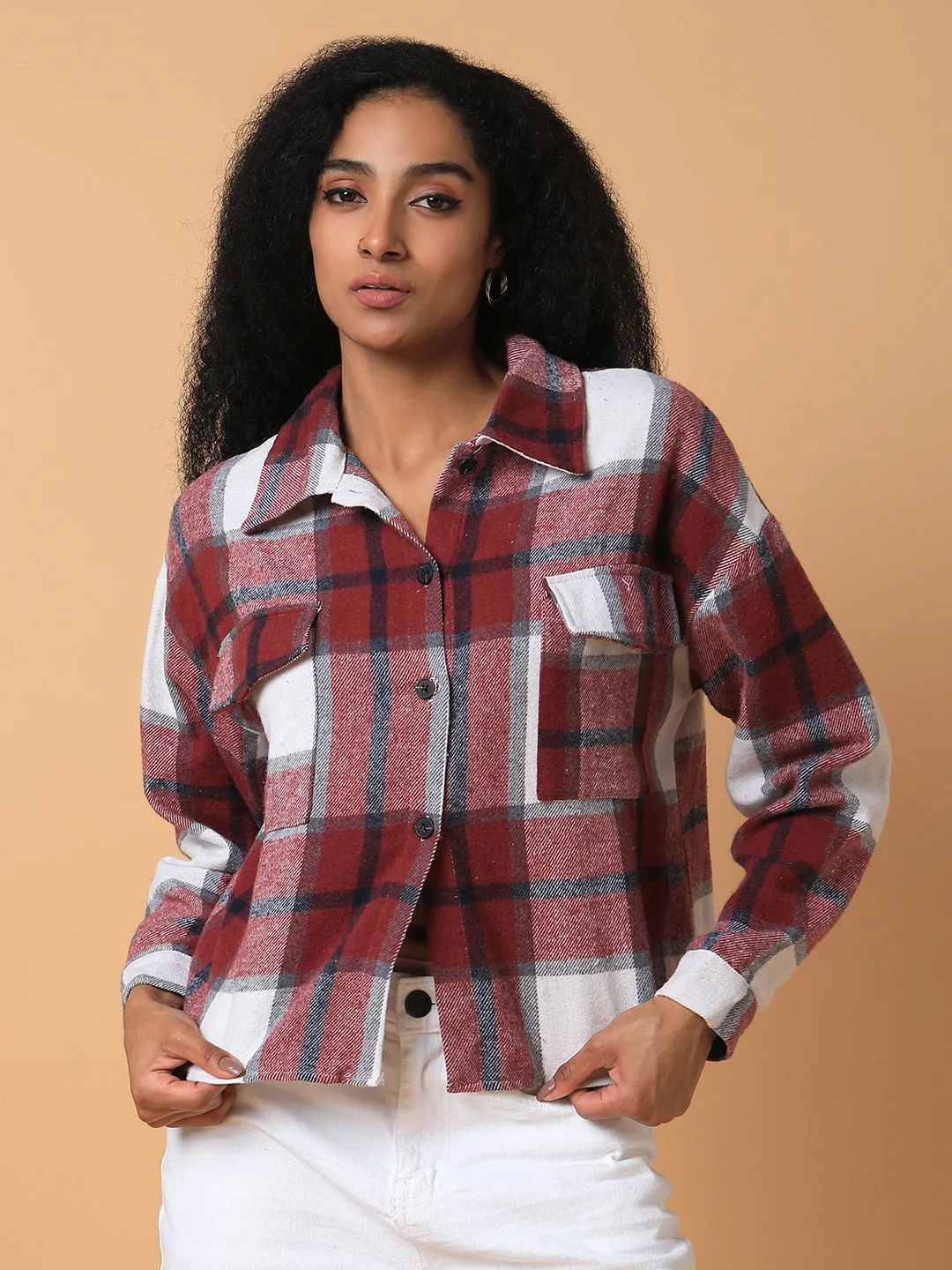 Women's Maroon Relaxed Tartan Checks Opaque Checked Casual Shirt Chic And Comfortable Cozy Design