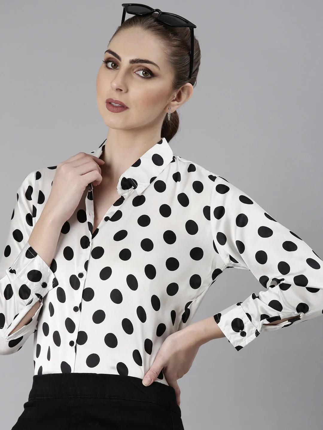 Women's White Polka Dots Shirt Casual Comfort Layer Organic Cotton Blend
