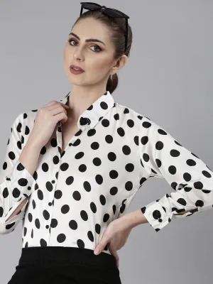 Women's White Polka Dots Shirt Casual Comfort Layer Organic Cotton Blend