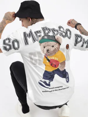 Men's Bear Graphic White Relaxed Fit T-Shirt Outdoor Smart Streetwear attitude