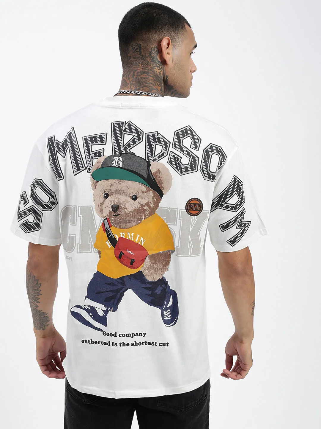 Men's Bear Graphic White Relaxed Fit T-Shirt Plus Size