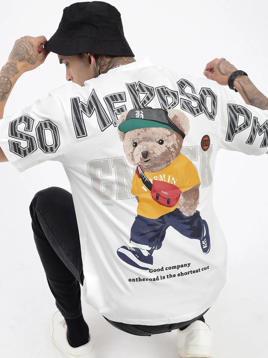 Men's Bear Graphic White Relaxed Fit T-Shirt Outdoor Smart Streetwear attitude