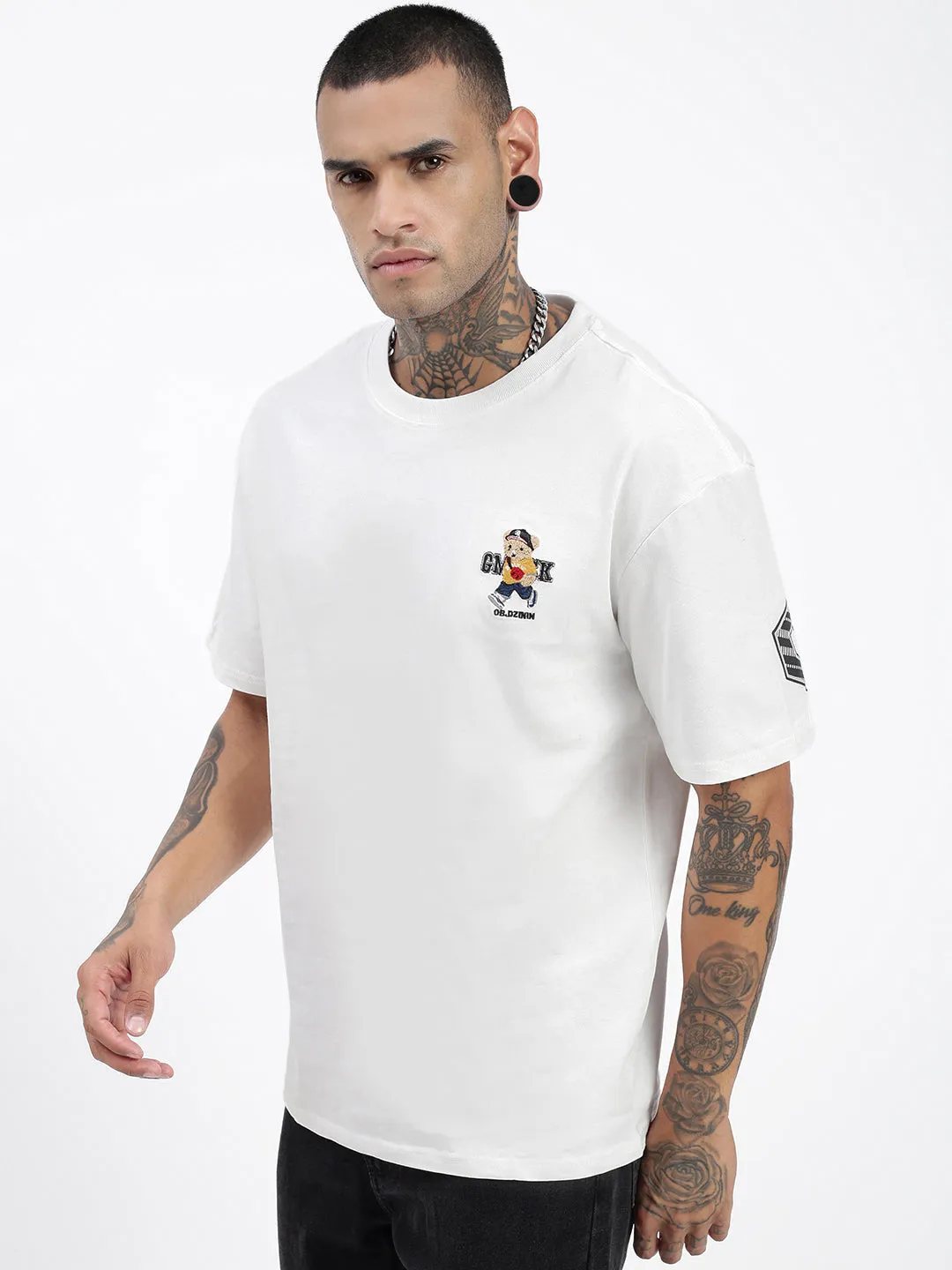 Men's Bear Graphic White Relaxed Fit T-Shirt Quality Layer Non Restrictive Fit