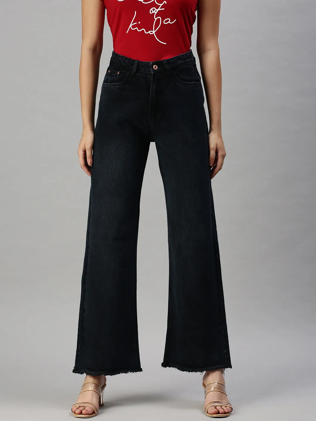 Cool And Simple Women's Black Wide Leg Clean Look High-Rise Jeans