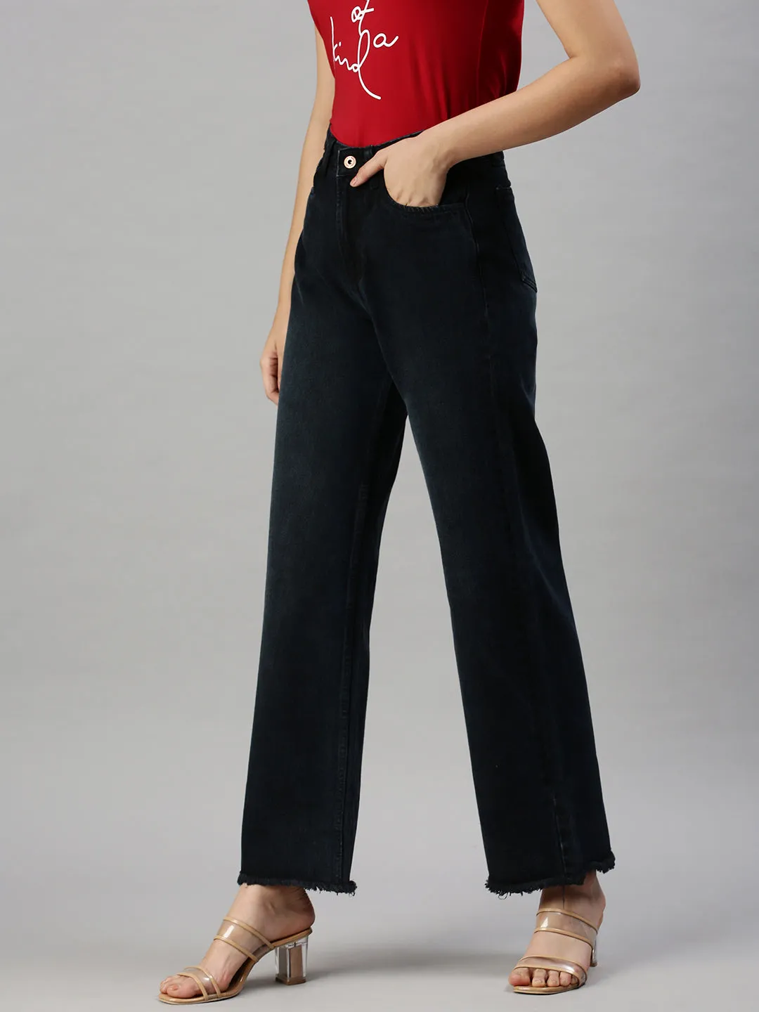 Lifestyle Fit Women's Black Wide Leg Clean Look High-Rise Jeans