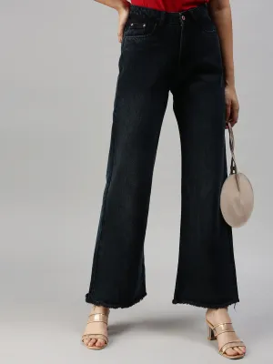 Versatile Fit Streetwear Fan Evening Stroll Elegant Women's Black Wide Leg Clean Look High-Rise Jeans