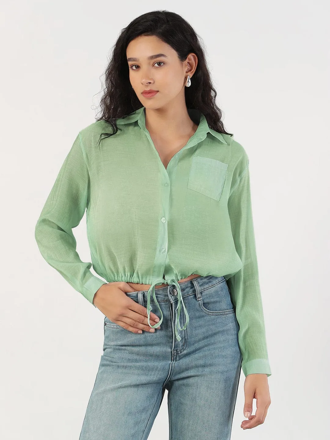 Women's Oversized Green Solid Shirt with Adjustable Hem Stylish Casual