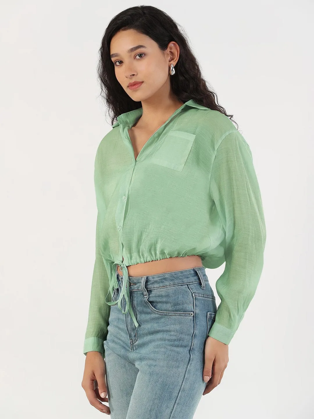 Women's Oversized Green Solid Shirt with Adjustable Hem Leisure Wear