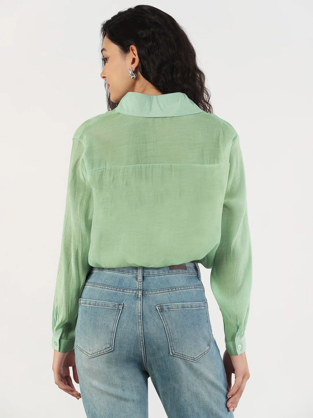 Women's Oversized Green Solid Shirt with Adjustable Hem Wrinkle Resistant Finish Minimalist Comfort