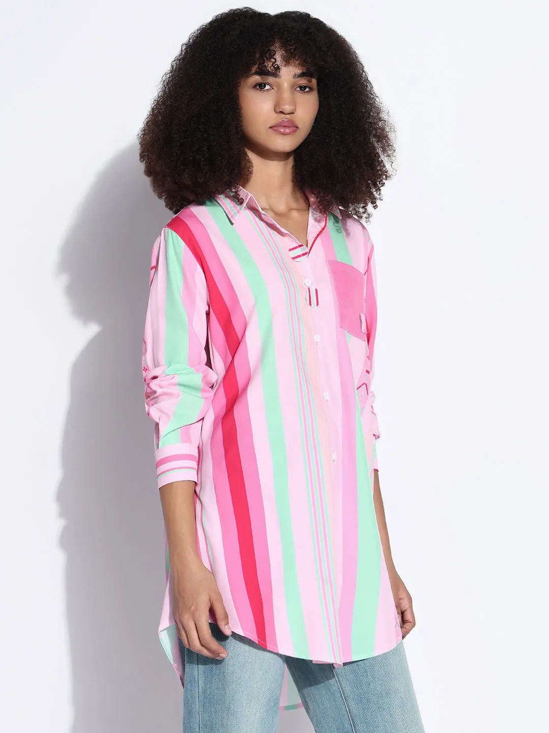 Women's Striped Pink Oversized Shirt with Chest Pocket Holiday Style