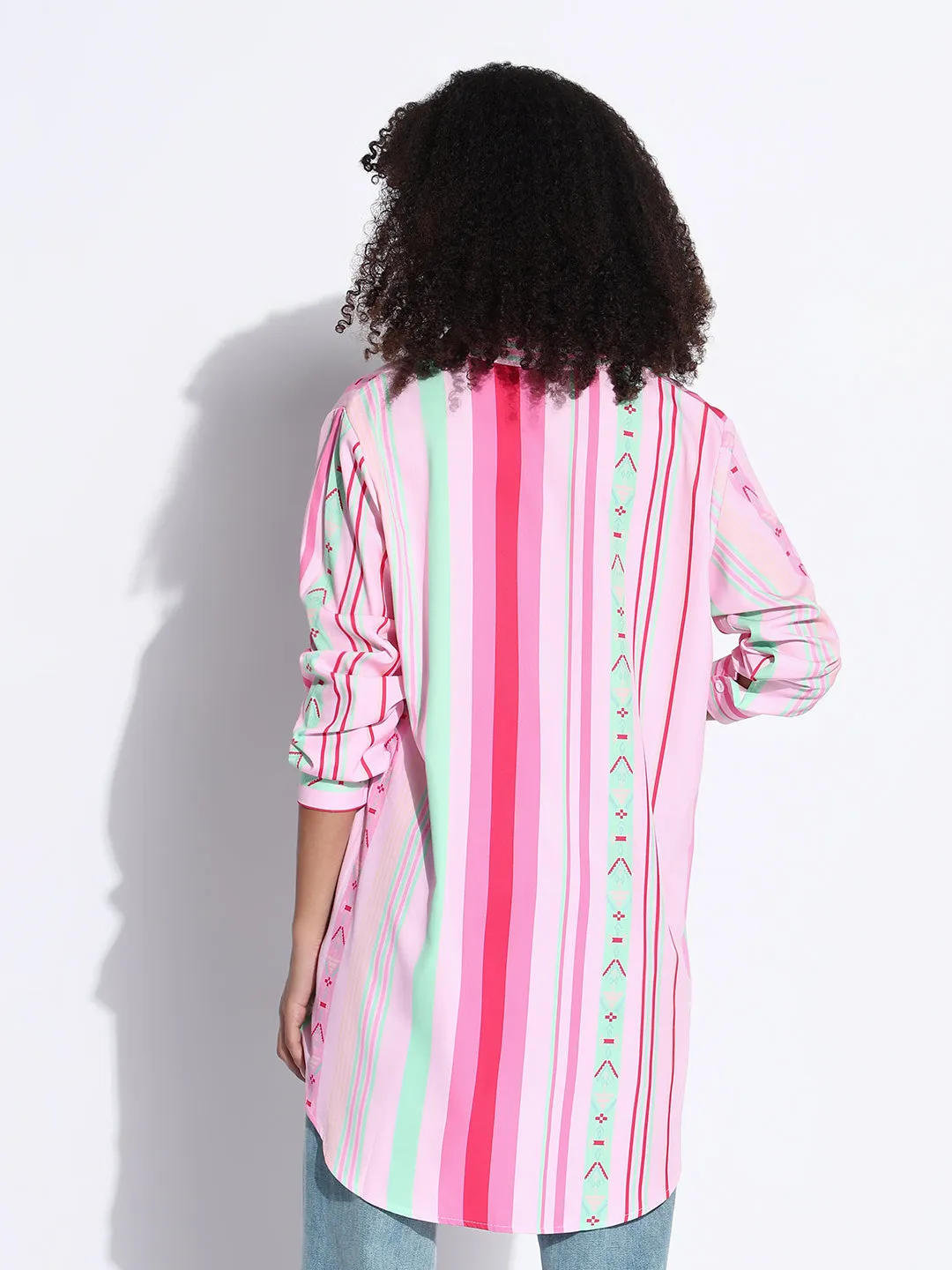 Women's Striped Pink Oversized Shirt with Chest Pocket Flatlock stitching Classic timelessness