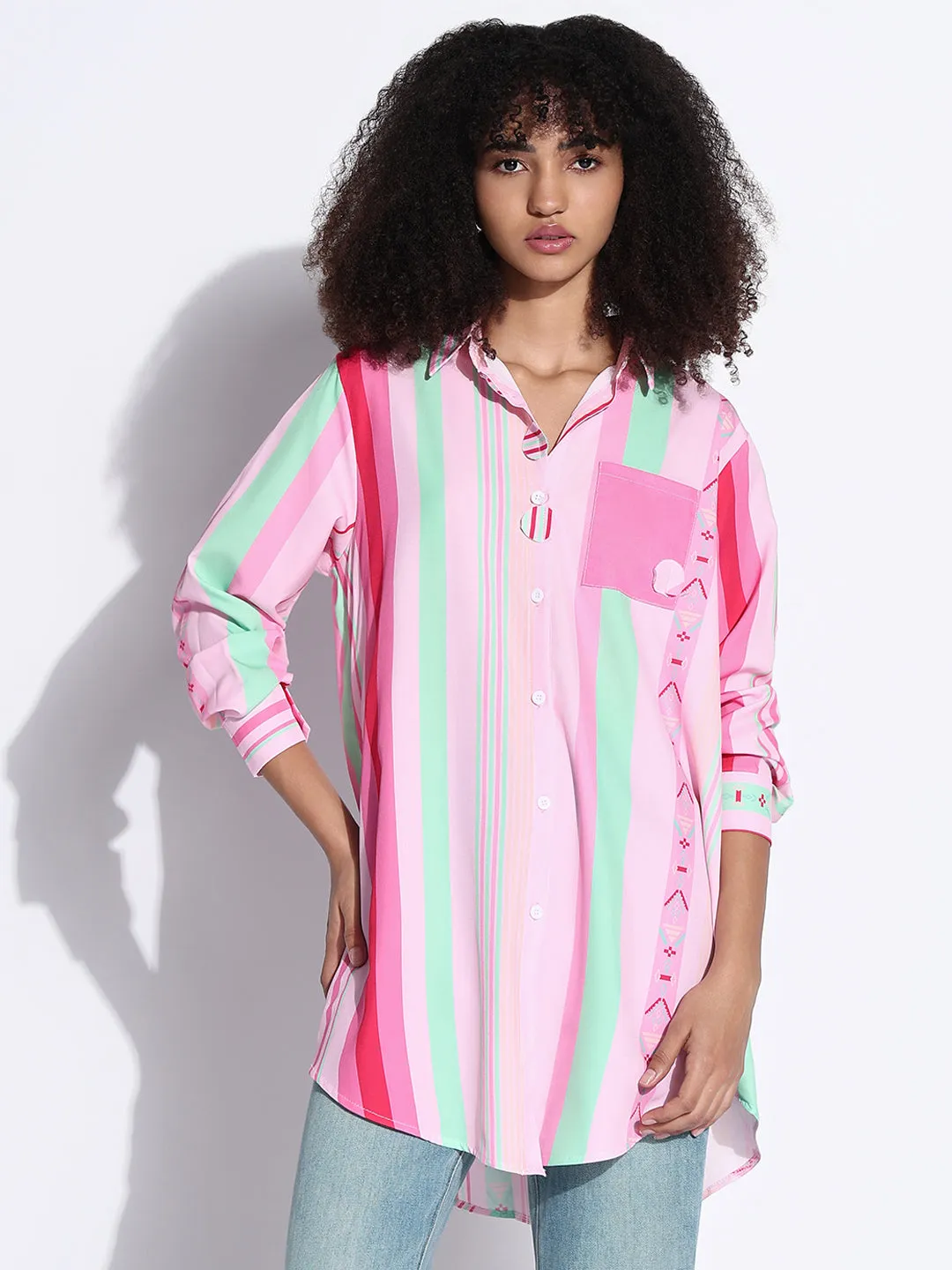 Women's Striped Pink Oversized Shirt with Chest Pocket Eco Friendly Fabric EcoFriendlyDyes