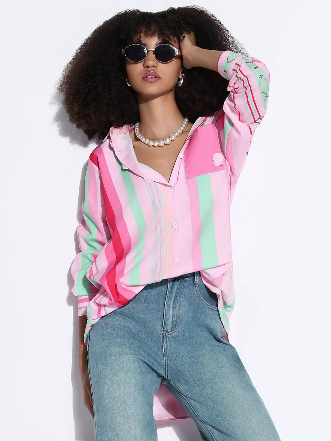 Women's Striped Pink Oversized Shirt with Chest Pocket Easy Style Wear