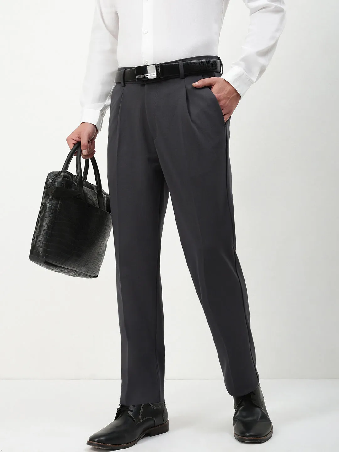 Layering Piece Men's Charcoal Solid Formal Trousers
