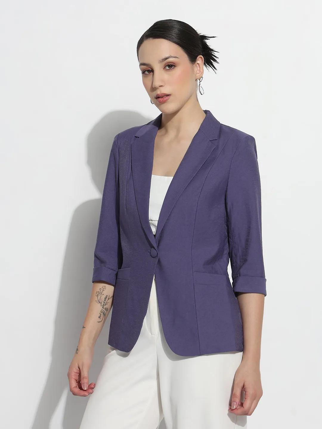Women's Purple Single Breasted Blazer with Shoulder Pads Wind Resistant Fabric