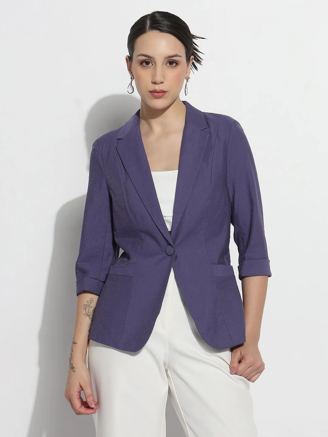 Women's Purple Single Breasted Blazer with Shoulder Pads Minimal Detail Weekend Chill Style