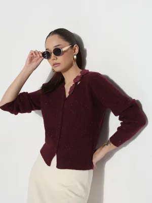 Quick Dry Integration Women's Ribbed Burgundy V-Neck Embellished Knitted Top