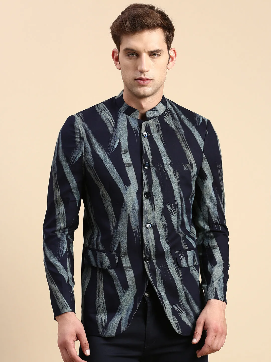 Men's Navy Blue Printed Slim Fit Bandhgala Blazer AntiStatic Lining