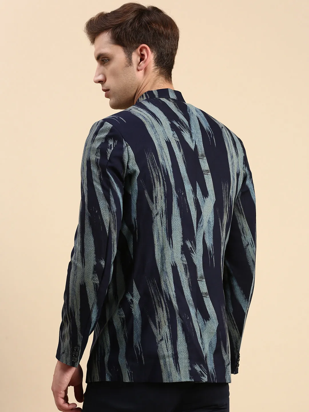 Men's Navy Blue Printed Slim Fit Bandhgala Blazer DurableOuterShell