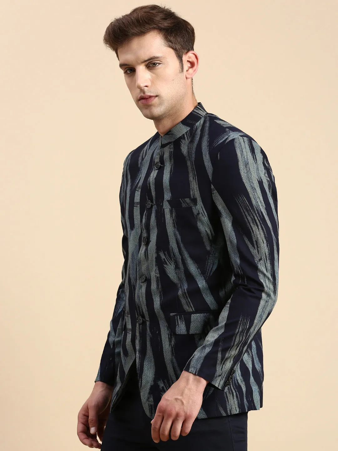 Seamless Knit Cuffs Oversized Fit Men's Navy Blue Printed Slim Fit Bandhgala Blazer