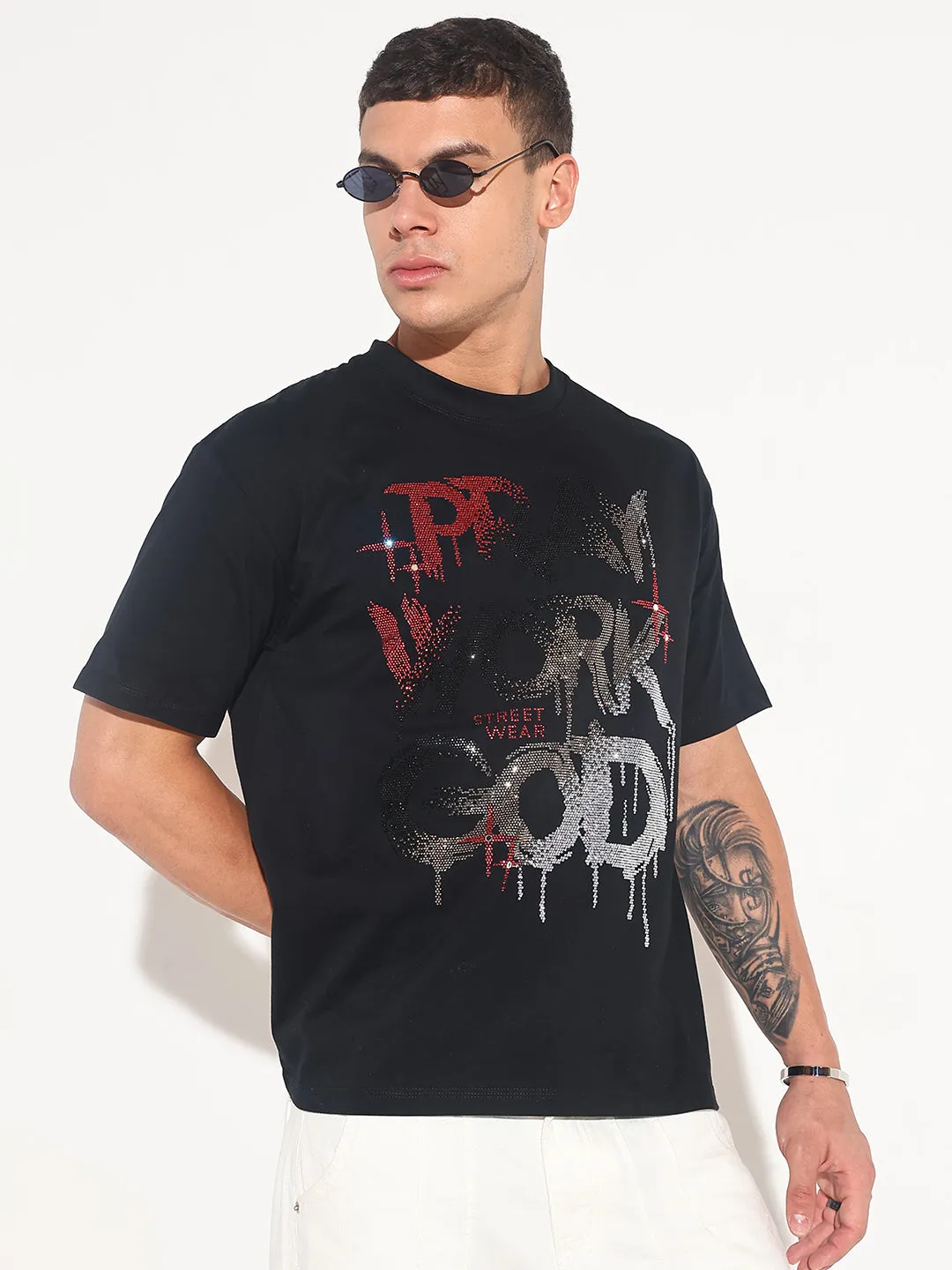 Animal Print Men's Embellished Black Round Neck T-Shirt