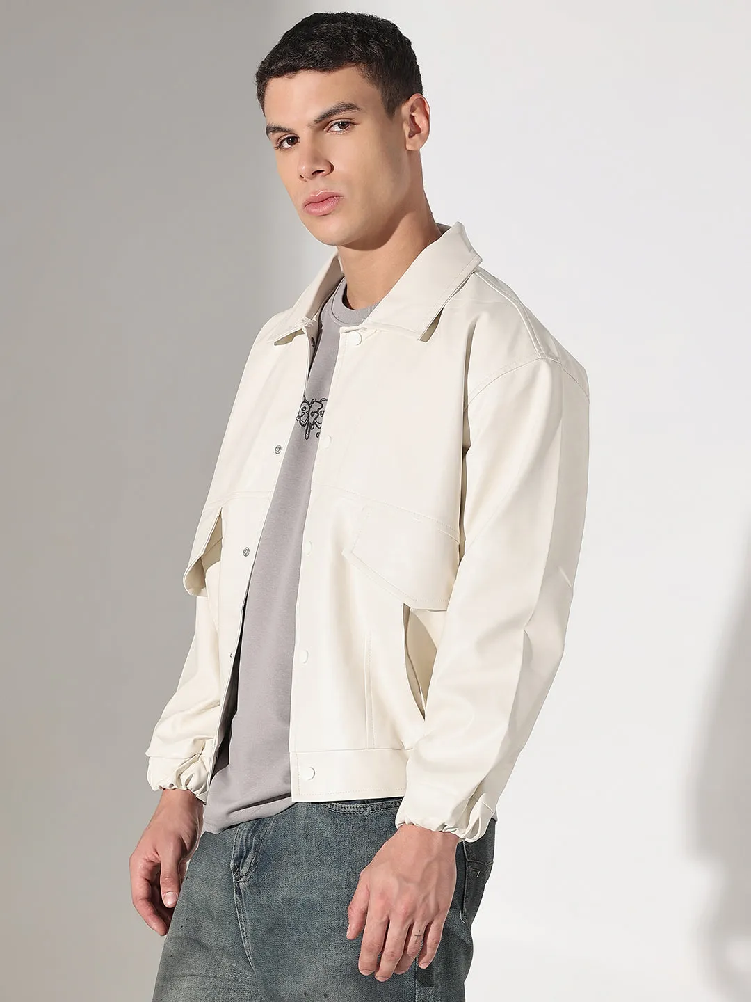 Thermoregulating Lining Men's Solid Off White Faux leather Faux Leather Jacket