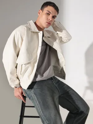 Men's Solid Off White Faux leather Faux Leather Jacket Lightweight Comfort