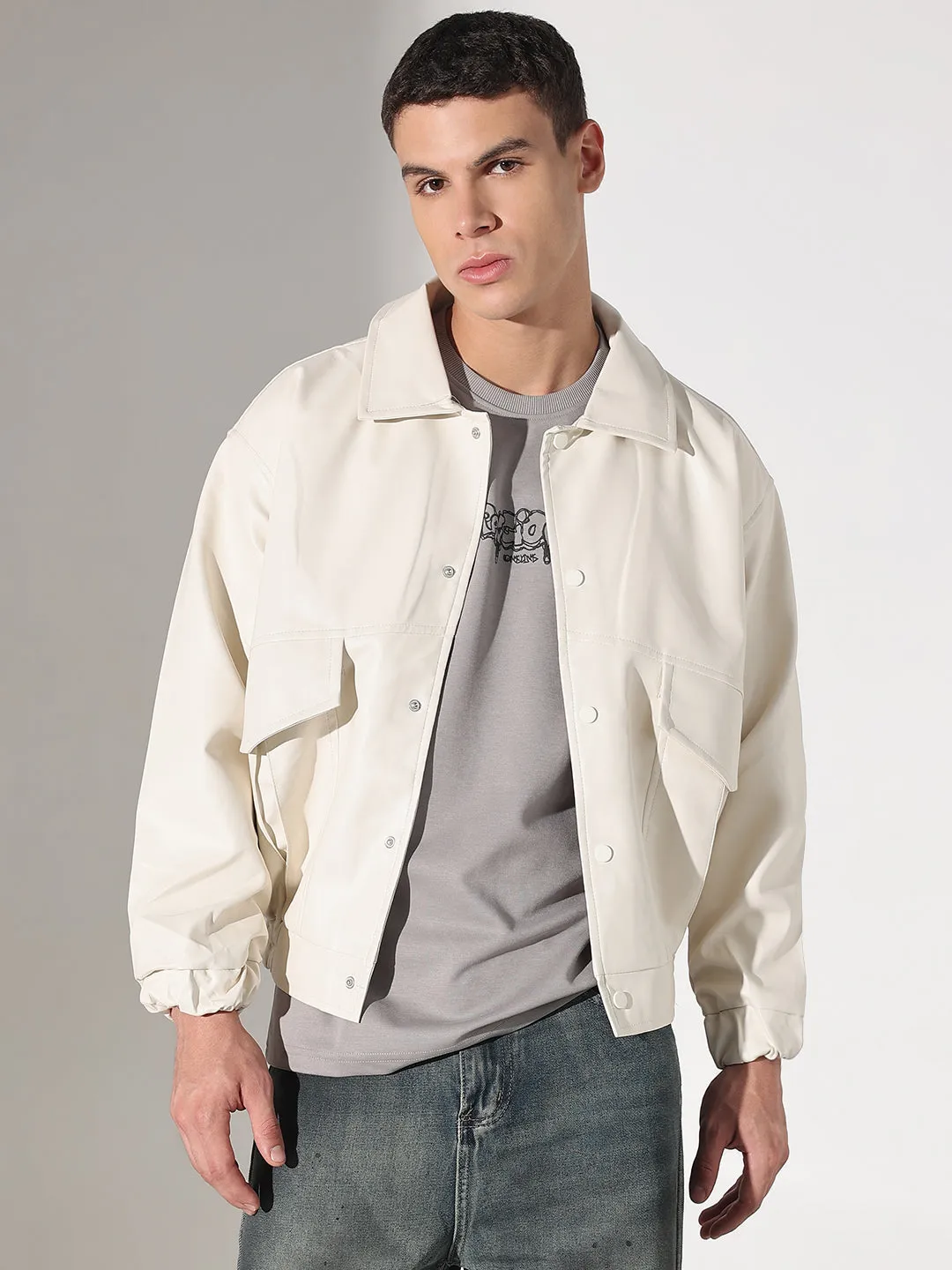 Men's Solid Off White Faux leather Faux Leather Jacket Warmth Retention Technology AntiStatic Inner Layer