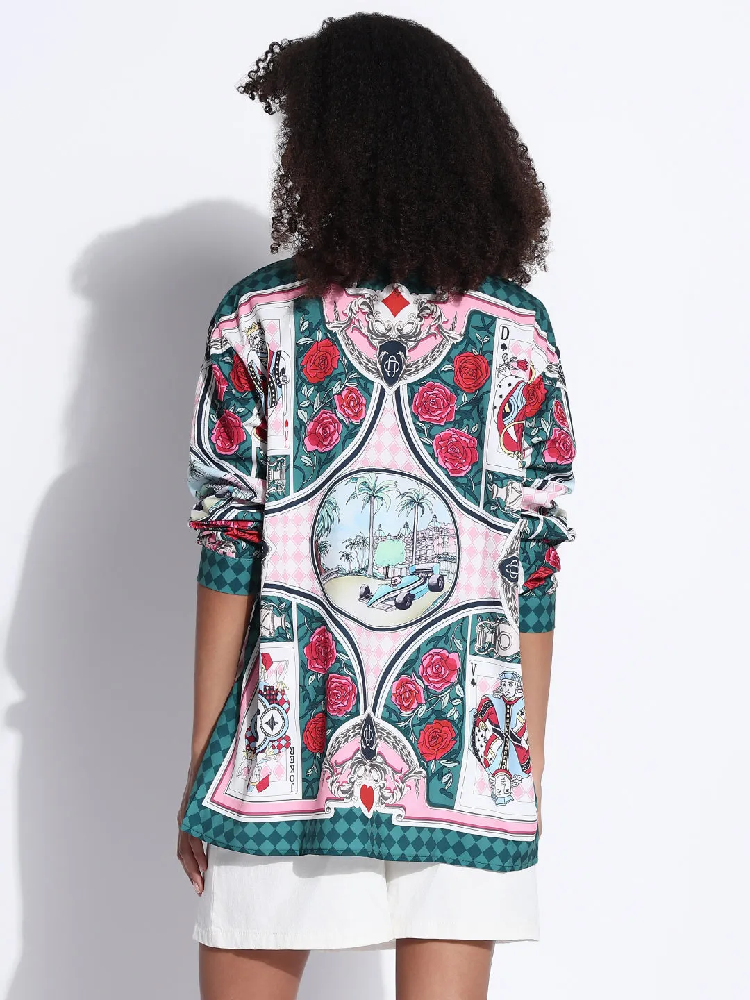 Women's Graphic Green Oversized Shirt Embroidered