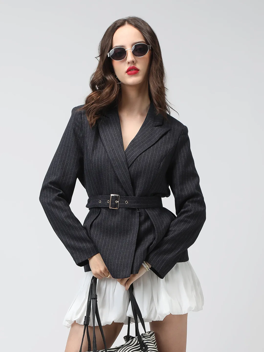 Women's Striped Charcoal Long Sleeves Blazer ReinforcedSeams
