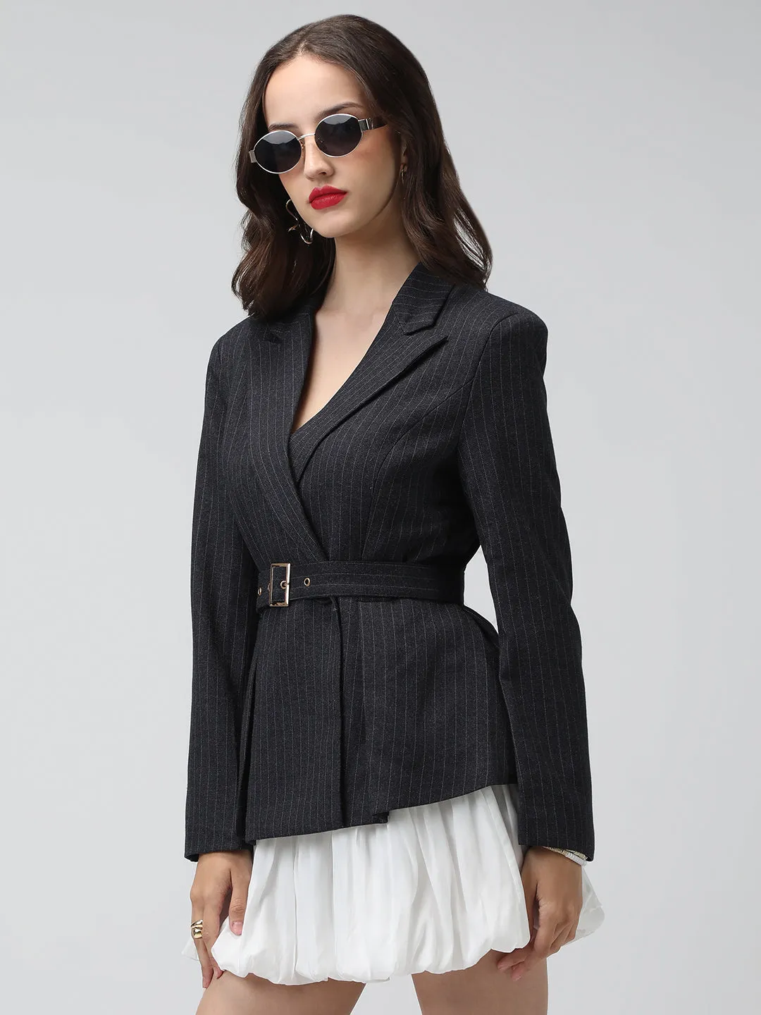 Warmth Without Bulk Morning Commute Gear Women's Striped Charcoal Long Sleeves Blazer