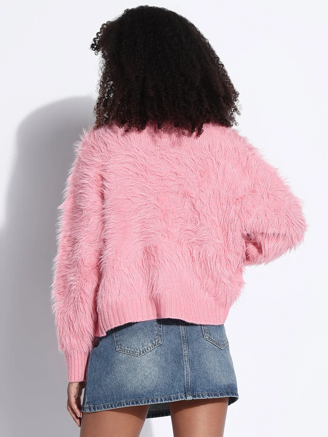 Zero Waste Knitting Women's Pink Fuzzy V-Neck Shrug