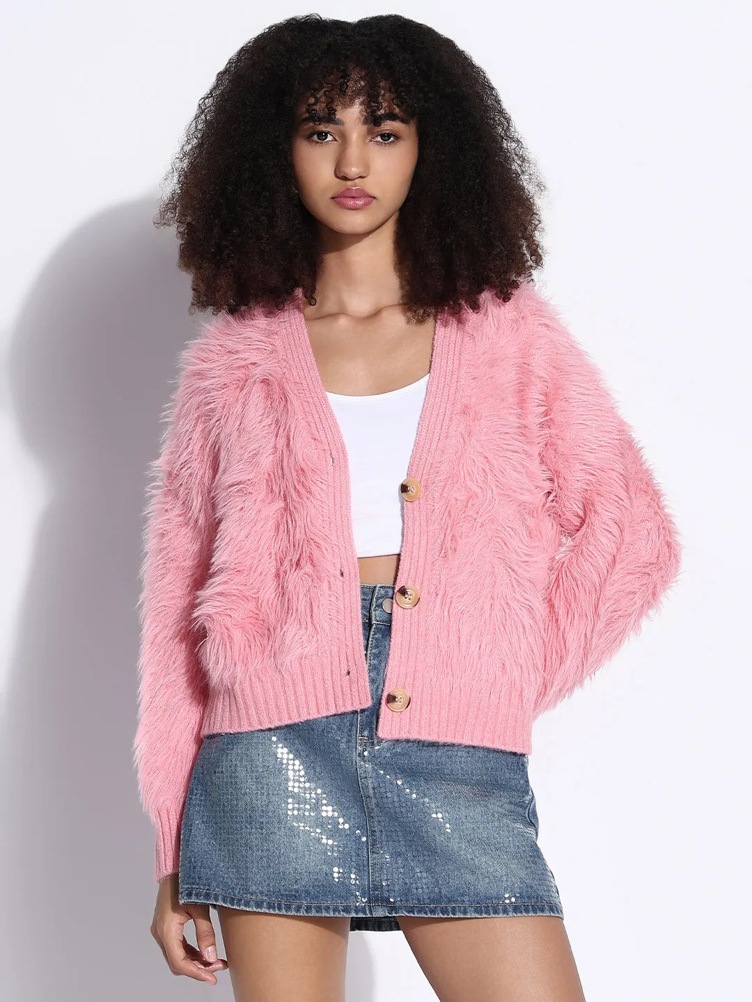 Women's Pink Fuzzy V-Neck Shrug Cozy Moments Reinforced Hem