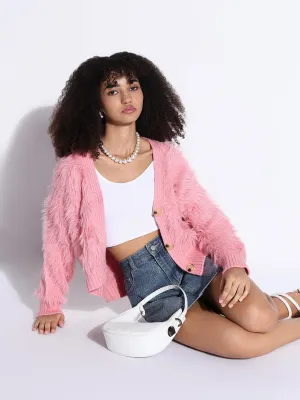 Friction Resistant Edging KnitCuff Reinforcements Women's Pink Fuzzy V-Neck Shrug