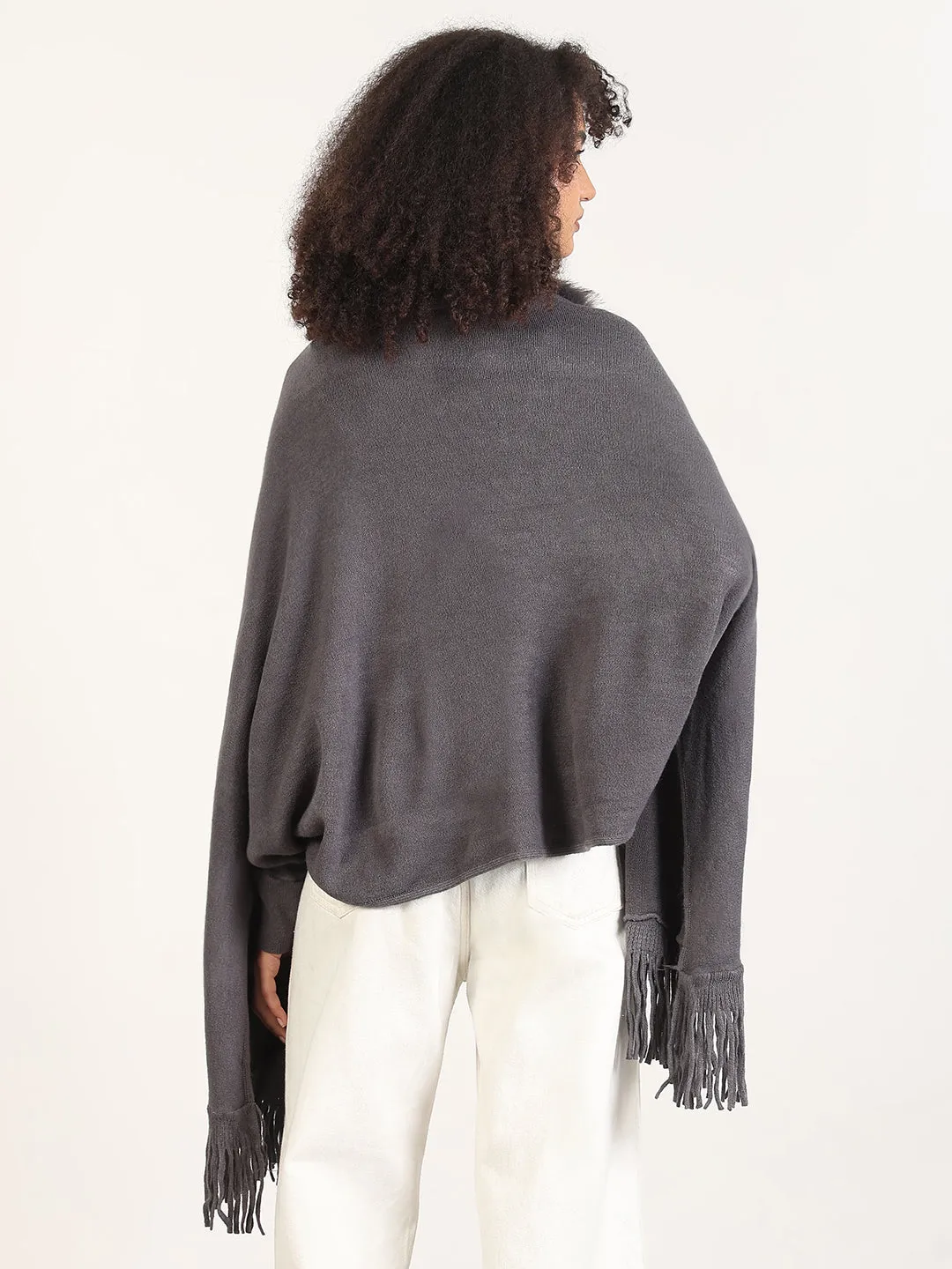 Knit Reinforced Edges Women's Solid Grey Fringed Edge Poncho