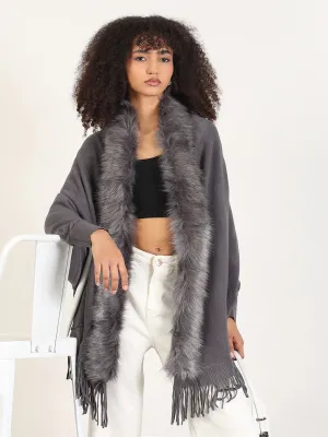 Women's Solid Grey Fringed Edge Poncho Chill Weather