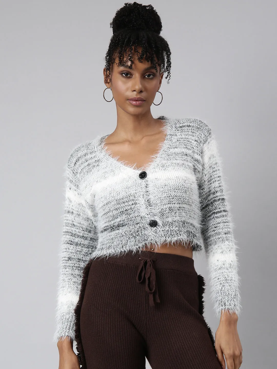 Women's Black Self Design Crop Cardigan MultiDirectional Elasticity Daily Layer