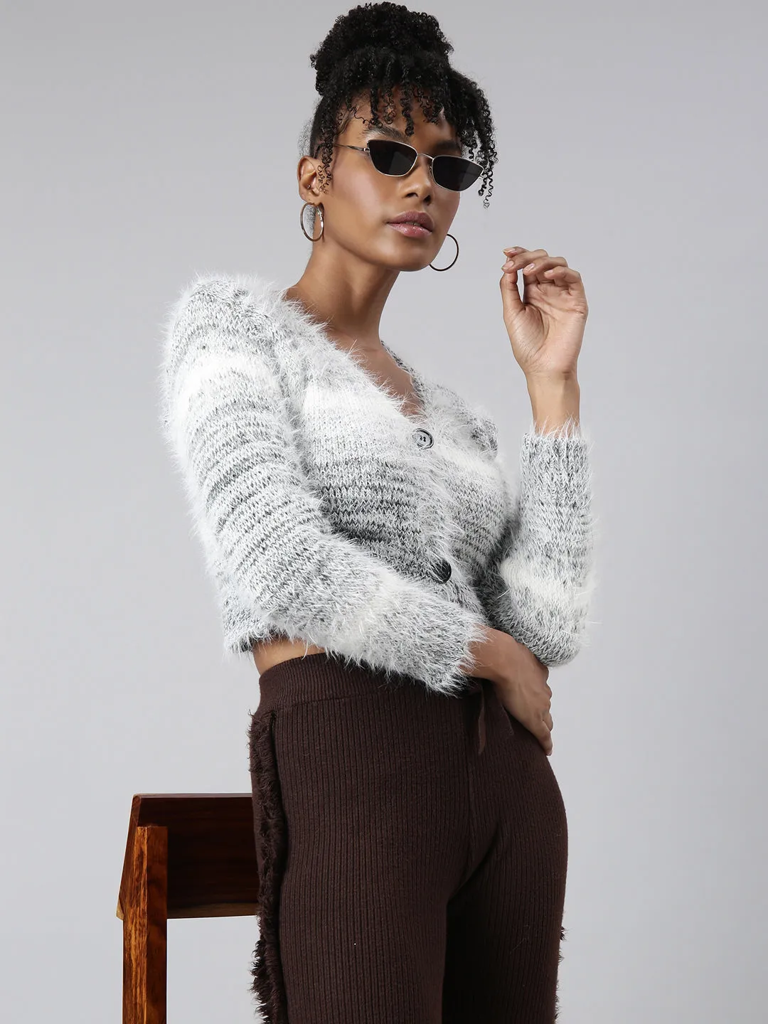 Women's Black Self Design Crop Cardigan Temperature Regulating Lining Smart Layer