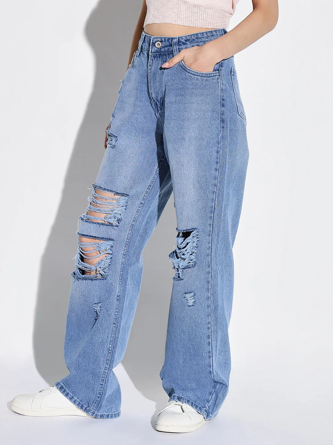Women's Blue Comfort Wide Leg Highly Distressed Light Fade Acid Wash Jeans Daily Essentials