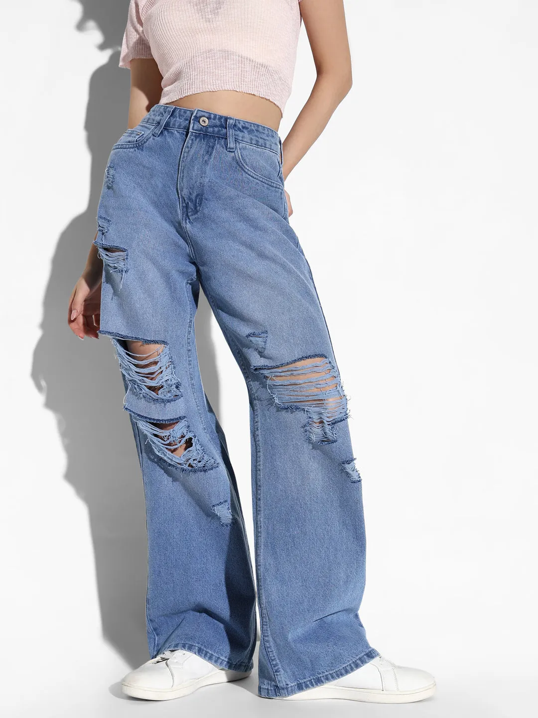 Women's Blue Comfort Wide Leg Highly Distressed Light Fade Acid Wash Jeans Easy Routine