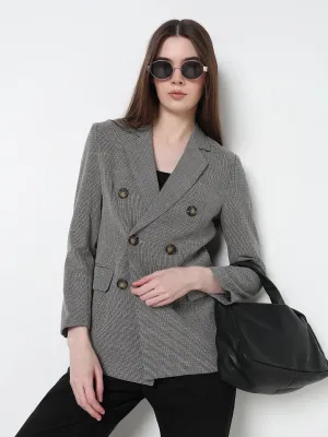 Women's Grey Double Breasted Houndtooth Blazer Windproof Insulated Coat Laser Cut Airflow Vents