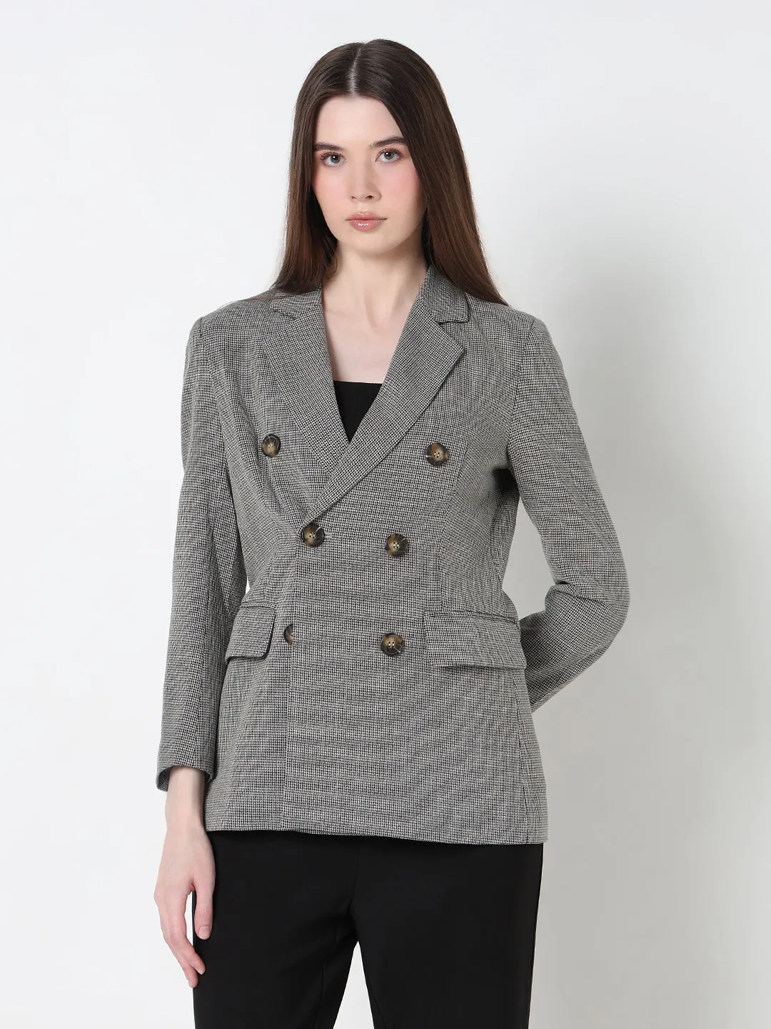 Moisture Wicking Finish Non Irritating Seams Women's Grey Double Breasted Houndtooth Blazer