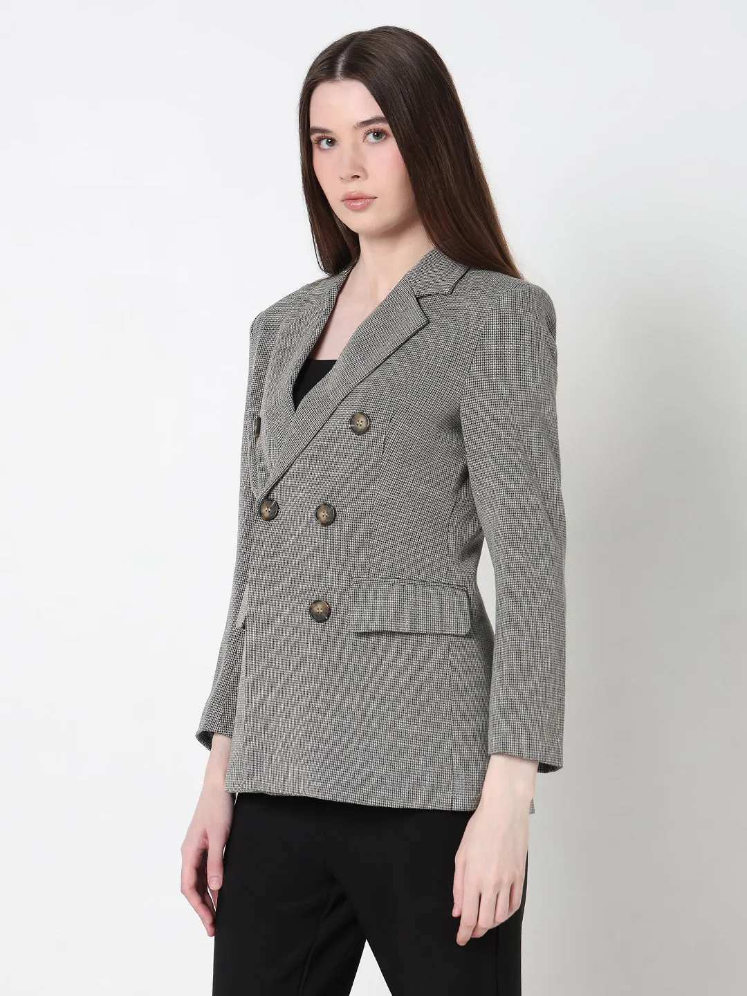 Non Irritating Lining Women's Grey Double Breasted Houndtooth Blazer