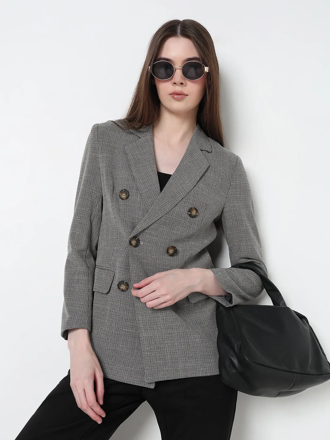 Women's Grey Double Breasted Houndtooth Blazer Windproof Insulated Coat Laser Cut Airflow Vents