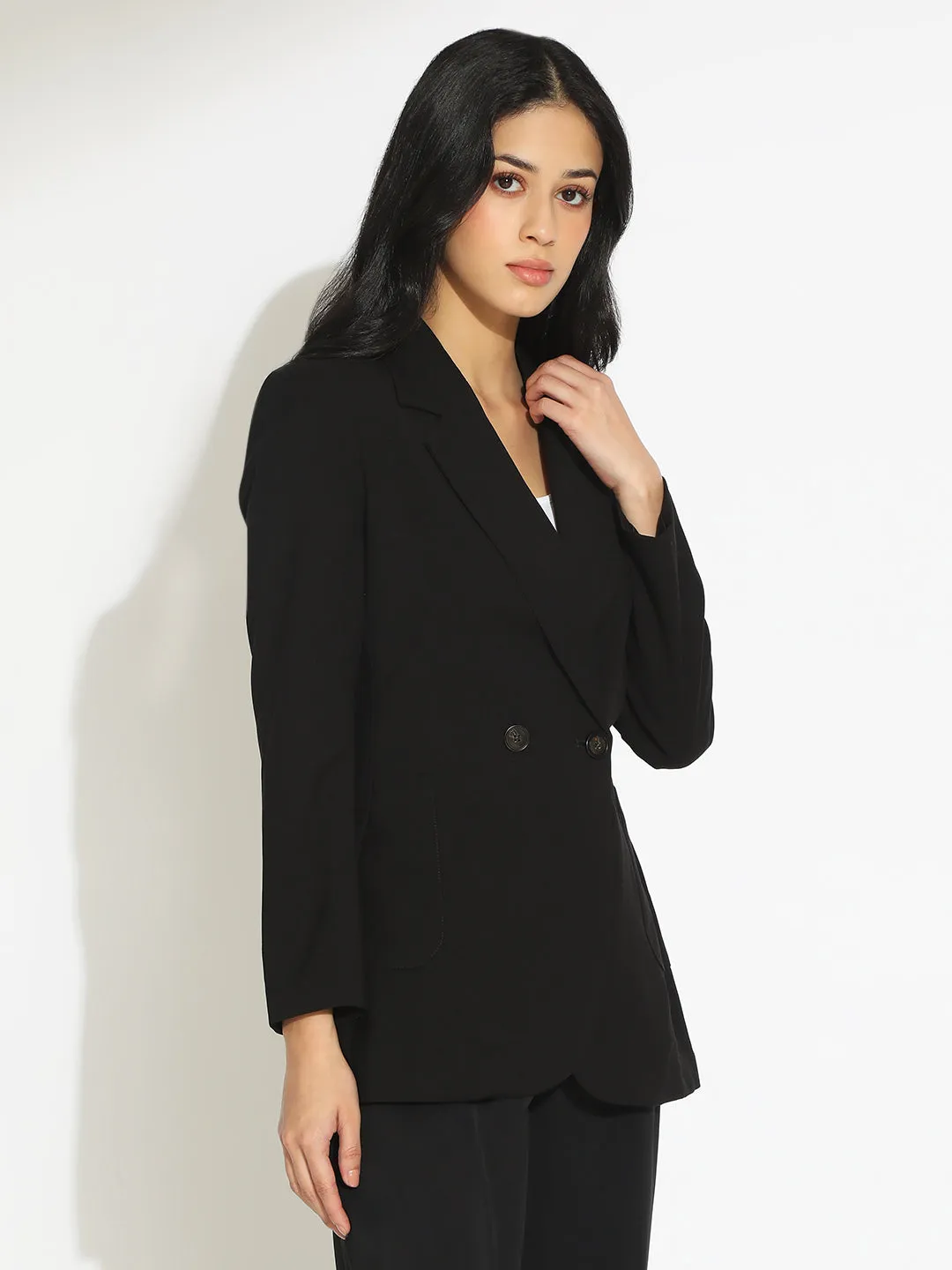 Women's Black Tailored Double-Breasted Blazer Anti Pill Fabric Tech