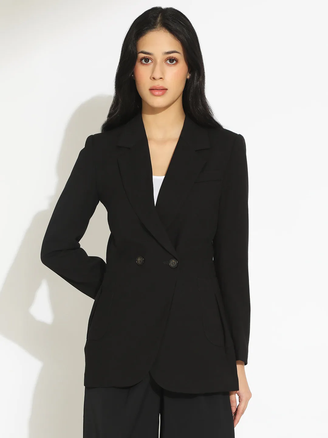 Magnetic Closure System Glossy Finish Women's Black Tailored Double-Breasted Blazer