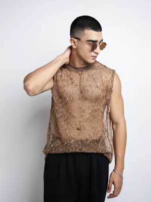 Men's Brown Sleeveless Round Neck Relaxed Fit Mesh T-Shirt Minimal Comfort Wear Functional Wearable