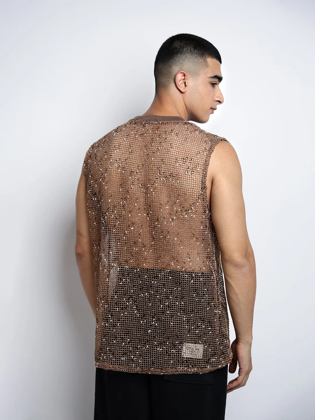 Men's Brown Sleeveless Round Neck Relaxed Fit Mesh T-Shirt Anti Pilling Finish Cool Comfort