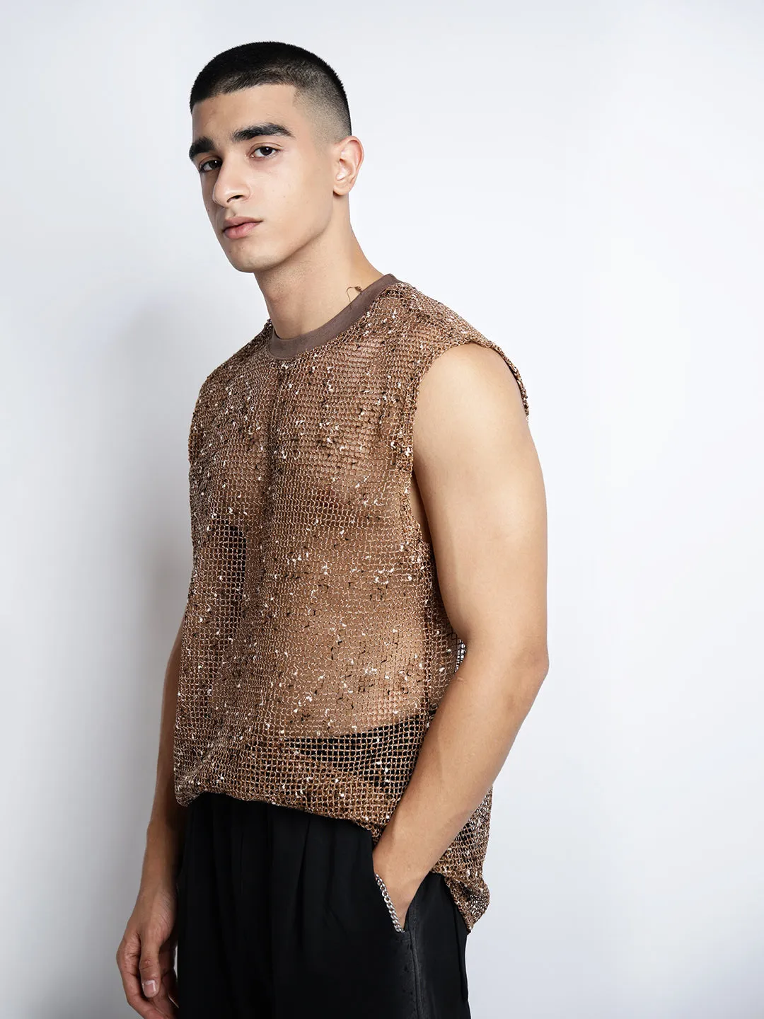 Men's Brown Sleeveless Round Neck Relaxed Fit Mesh T-Shirt Low Impact Processing