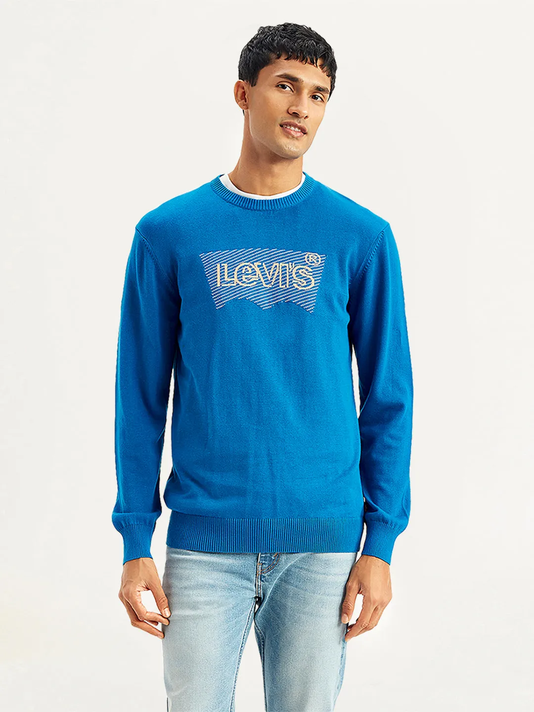 Temperature Regulating Knit UVProtective Layer Men's Brand Logo Blue Crew Neck Sweater